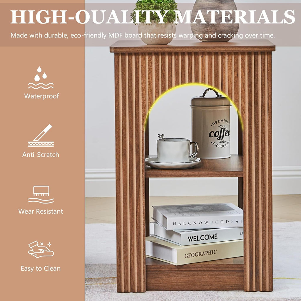 weselon End Table Set of 2, Mid-Century Modern Side Table with 3-Tier Storage Shelves and Arched Carving Lines, Square Fluted Nightstand for Living Room, Bedroom, or Office (2, Walnut)