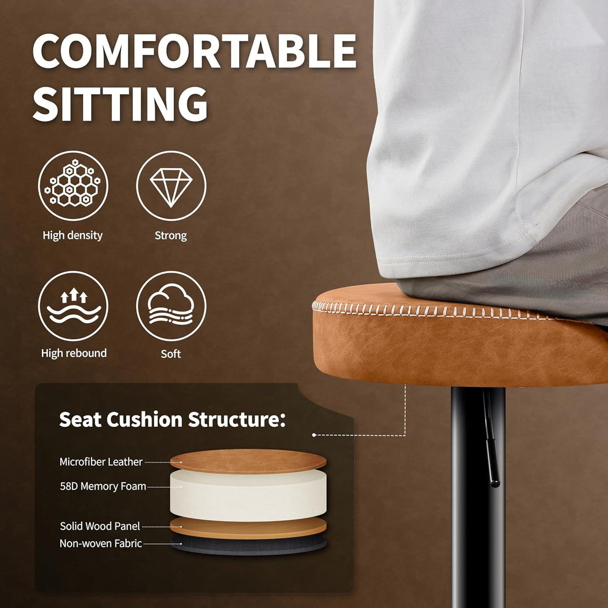 STOOLINK Tall Bar Stools Set of 2, Microfiber Leather Bar Height Stools | 360° Swivel Backless Bar Stools with Round Seat, Adjustable Counter Stools for Kitchen Island, Pub, 330 Lbs, Brown