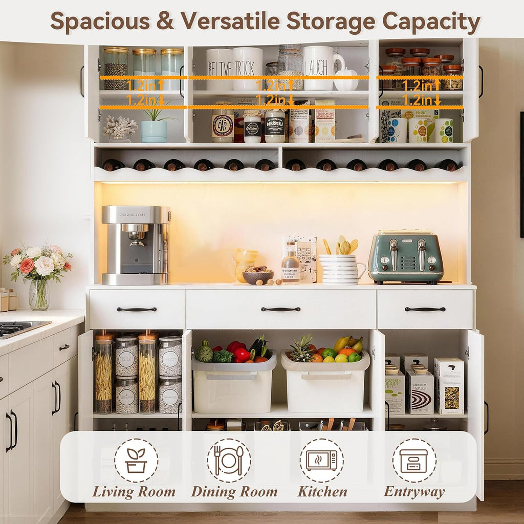 White 72" Tall Kitchen Pantry Cabinet with Charging Station 55" Wide Kitchen Hutch Cabinet with LED Light and Countertop Large Kitchen Cabinet with Adjustable Shelves and Wine Rack