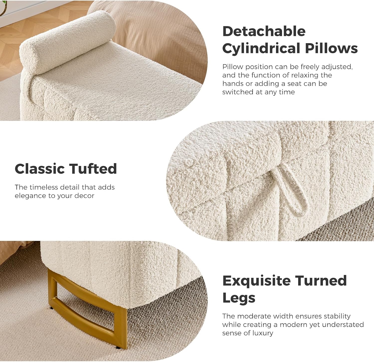 Storage Bench, 63" Ottoman with Storage for Foot of Bed King Size, Modern Upholstered End of Bed Bench with Gold Metal Legs for Bedroom Entryway Hallway, Teddy Beige