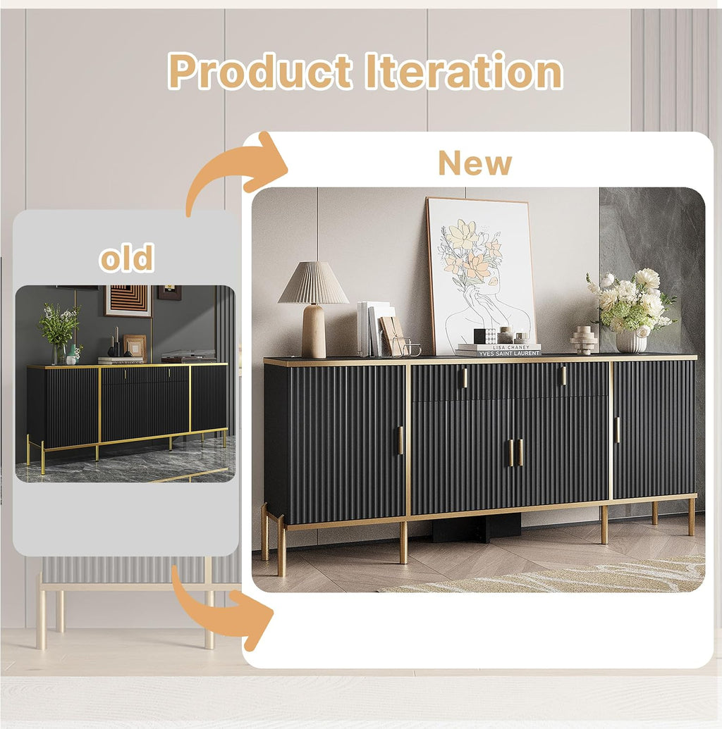 oneinmil 60” Modern Sideboard Buffet Cabinet, Fluted Storage Sideboard with Adjustable Shelves & Pop-Up Doors, Multifunctional Accent Cabinet for Kitchen, Living Room, Hallway, Black and Gold