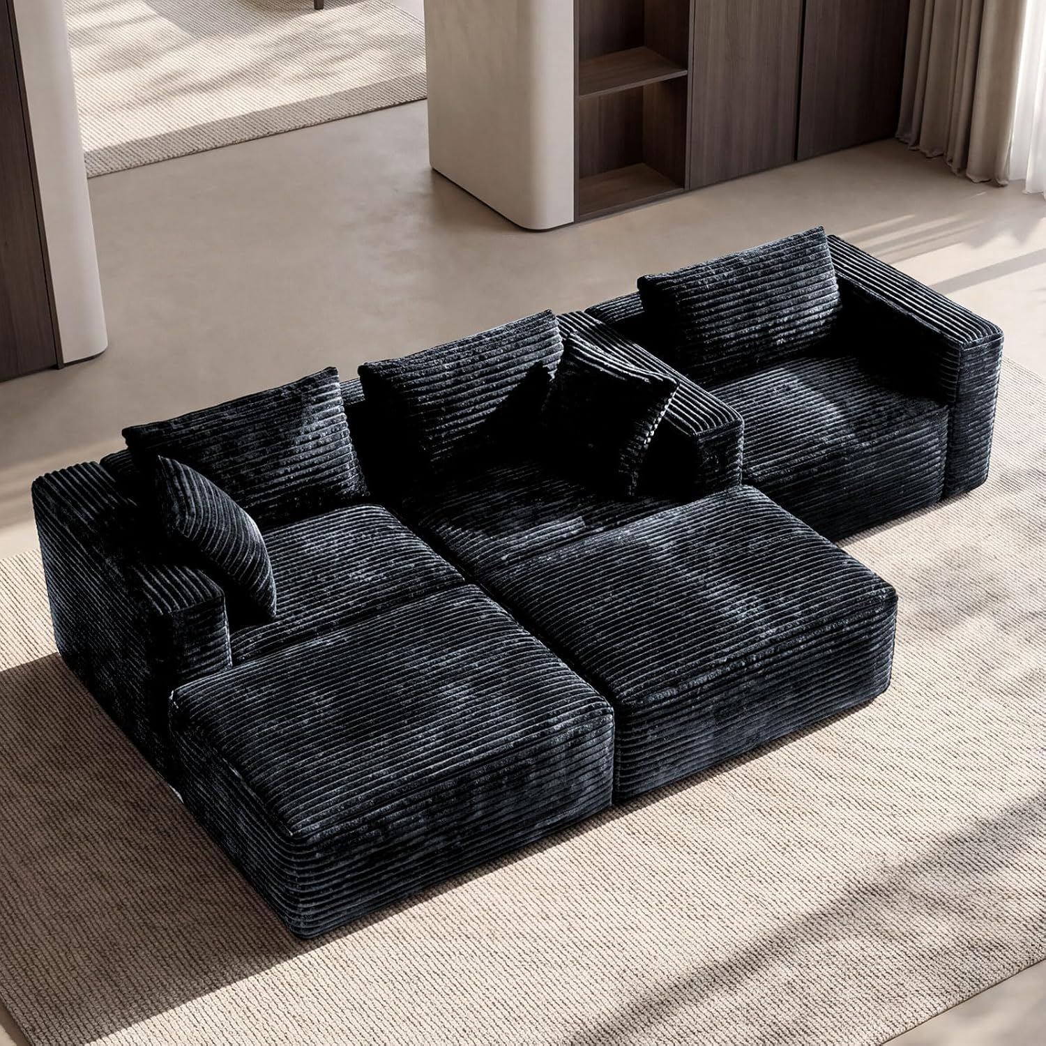 110" Modular Sectional Sofa with 2 Ottomans, U Shaped Cloud Couch for Living Room, Deep Seat Corduroy Floor Sofa, No Assembly Required, Compressed Couch, 5 Seat, Grey