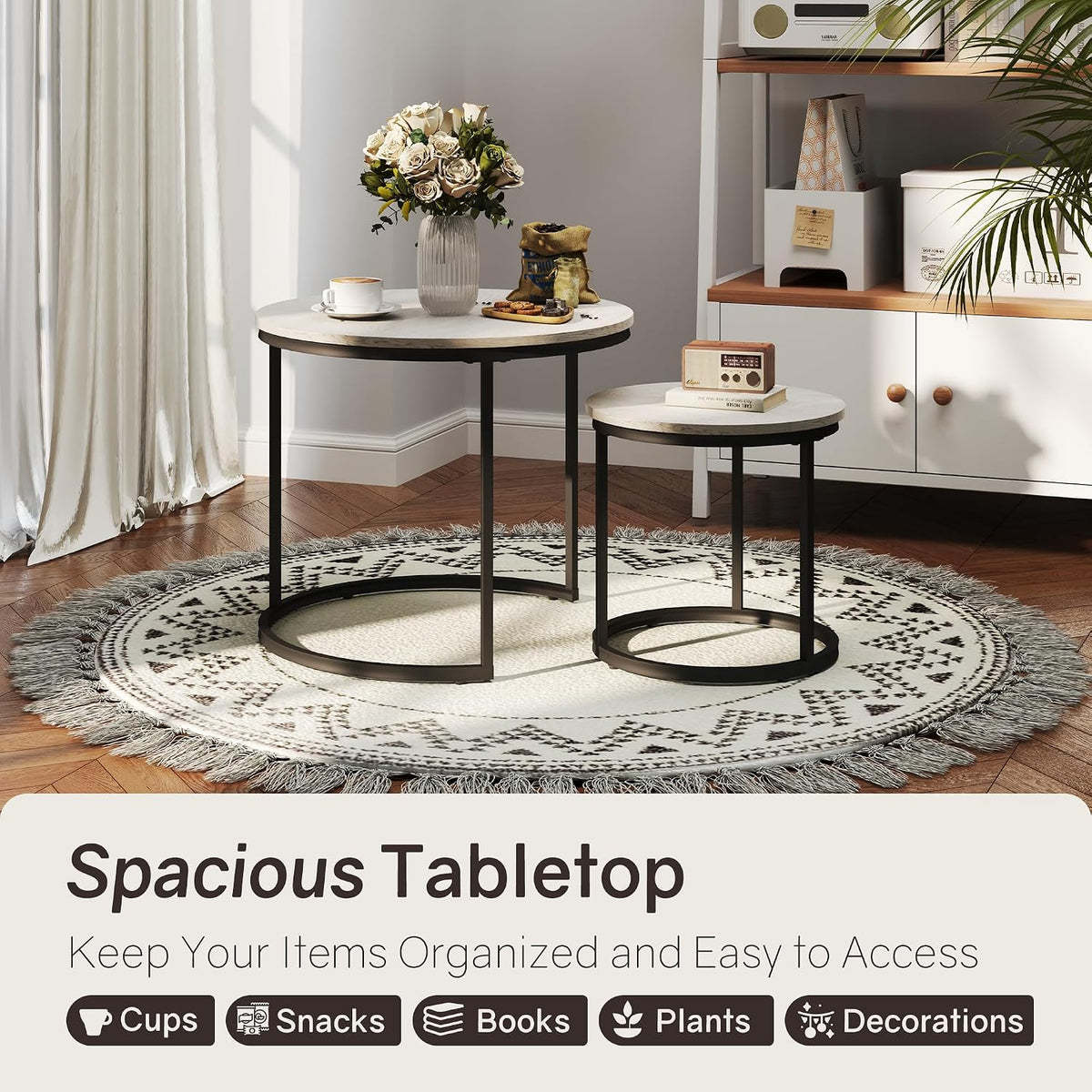 Otterease Nesting Tables Set of 2, Small Round Coffee Table for Living Room | Nesting Coffee Table with Adjustable Non-Slip Feet, Wood Grain Top Nesting Table for Living Room, Bedroom (Wood Grain Grey)