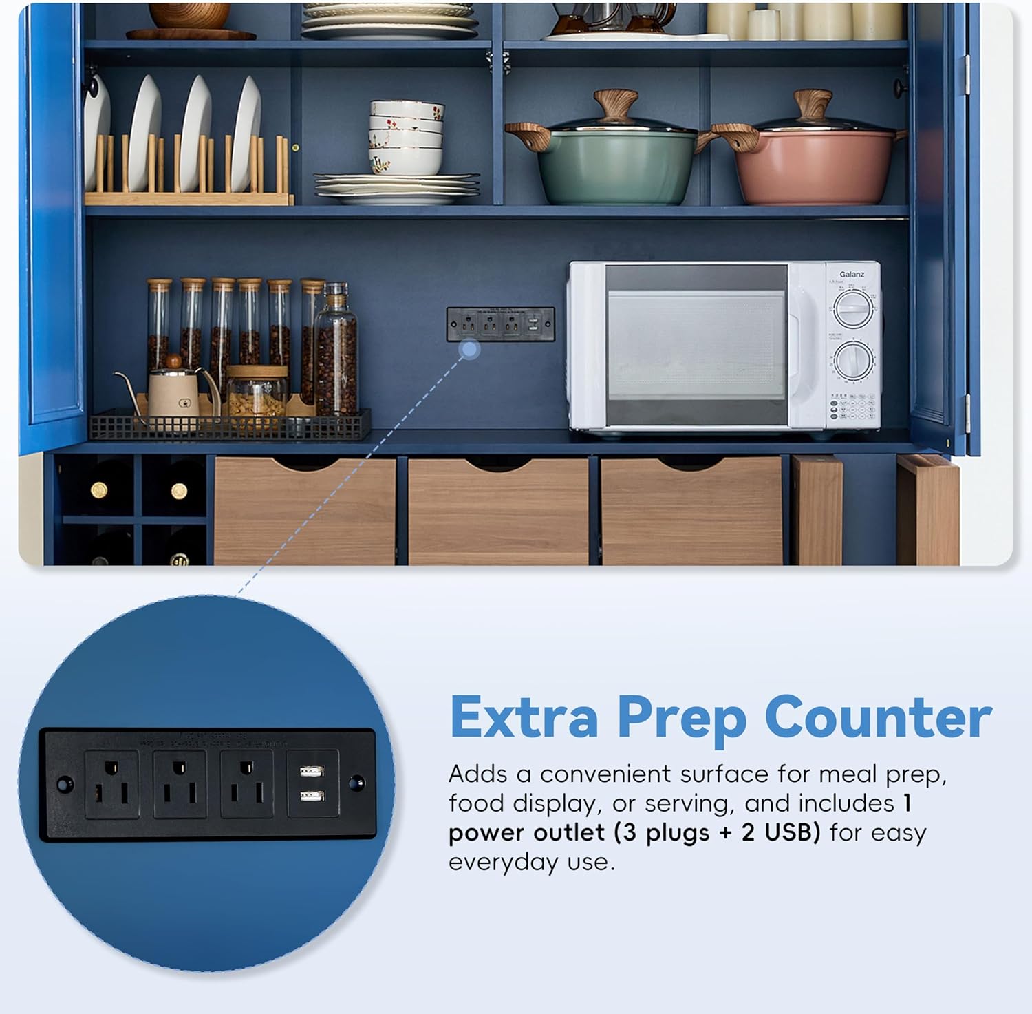 VilroCaz Farmhouse 71''H Wood Large Kitchen Pantry, 53.2''Lx17.7''W Dining Storage Cabinet Cupboard with 4 Foldable Doors, Power Outlet, Shelves, Wine Racks and Serving Trays (Blue-4 Fold)