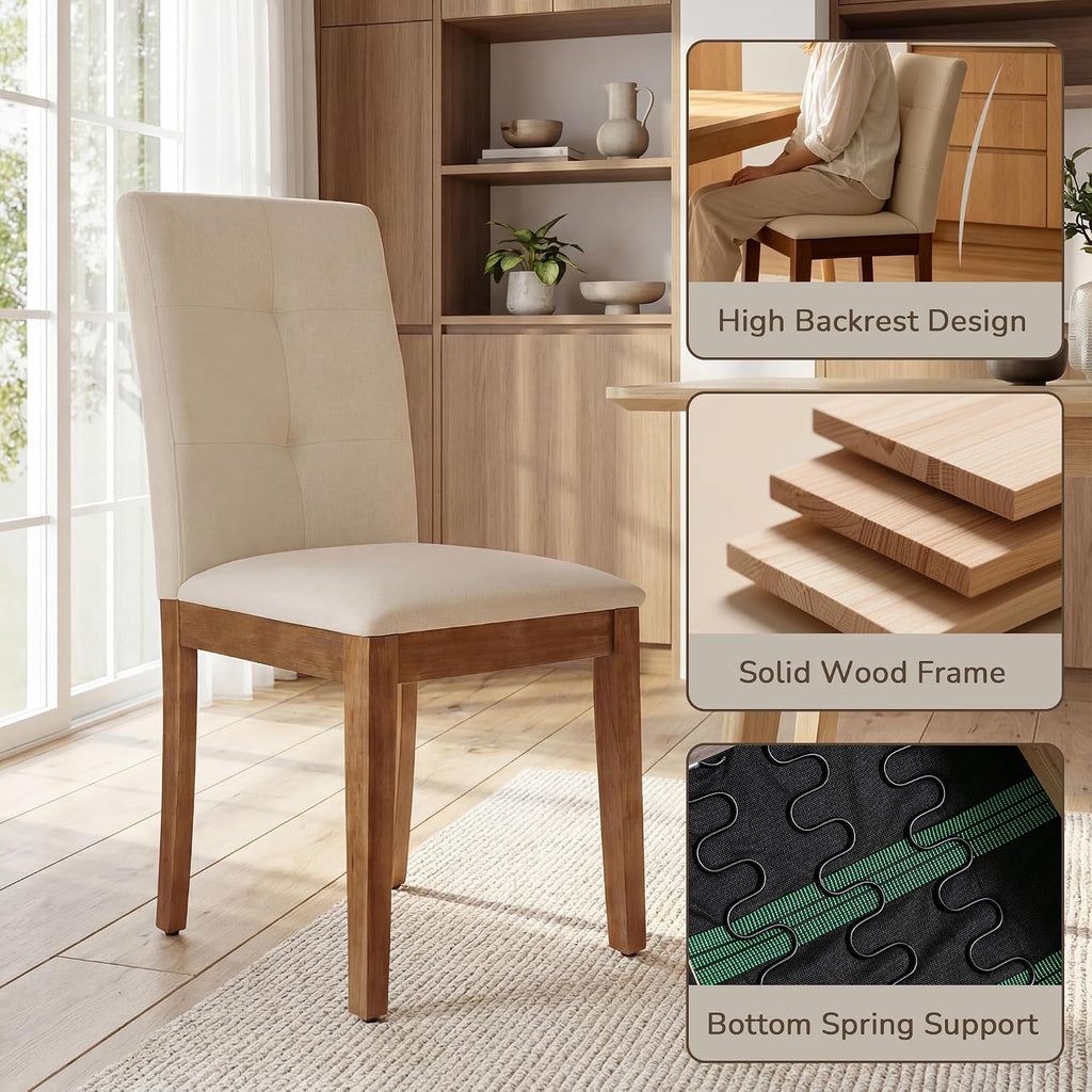 LSSBOUGHT Upholstered Kitchen & Dining Room Chairs with High Back, Linen Fabric Armless Dining Chairs with Solid Wood Legs for Dining Room and Kitchen (Beige, Set of 6)