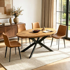 63"-78.7" Extendable Oval Dining Table Set for 4 | 5 Piece Large Round Walnut Table Set, 4 Brown PU Dining Chairs, Living Room, Kitchen, Space Saving, Mid Century Modern