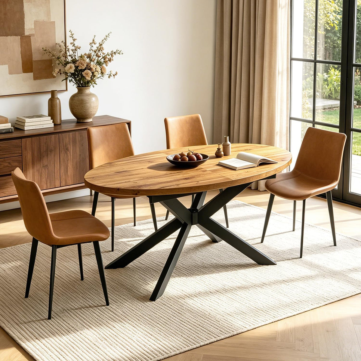 63"-78.7" Extendable Oval Dining Table Set for 4 | 5 Piece Large Round Walnut Table Set, 4 Brown PU Dining Chairs, Living Room, Kitchen, Space Saving, Mid Century Modern