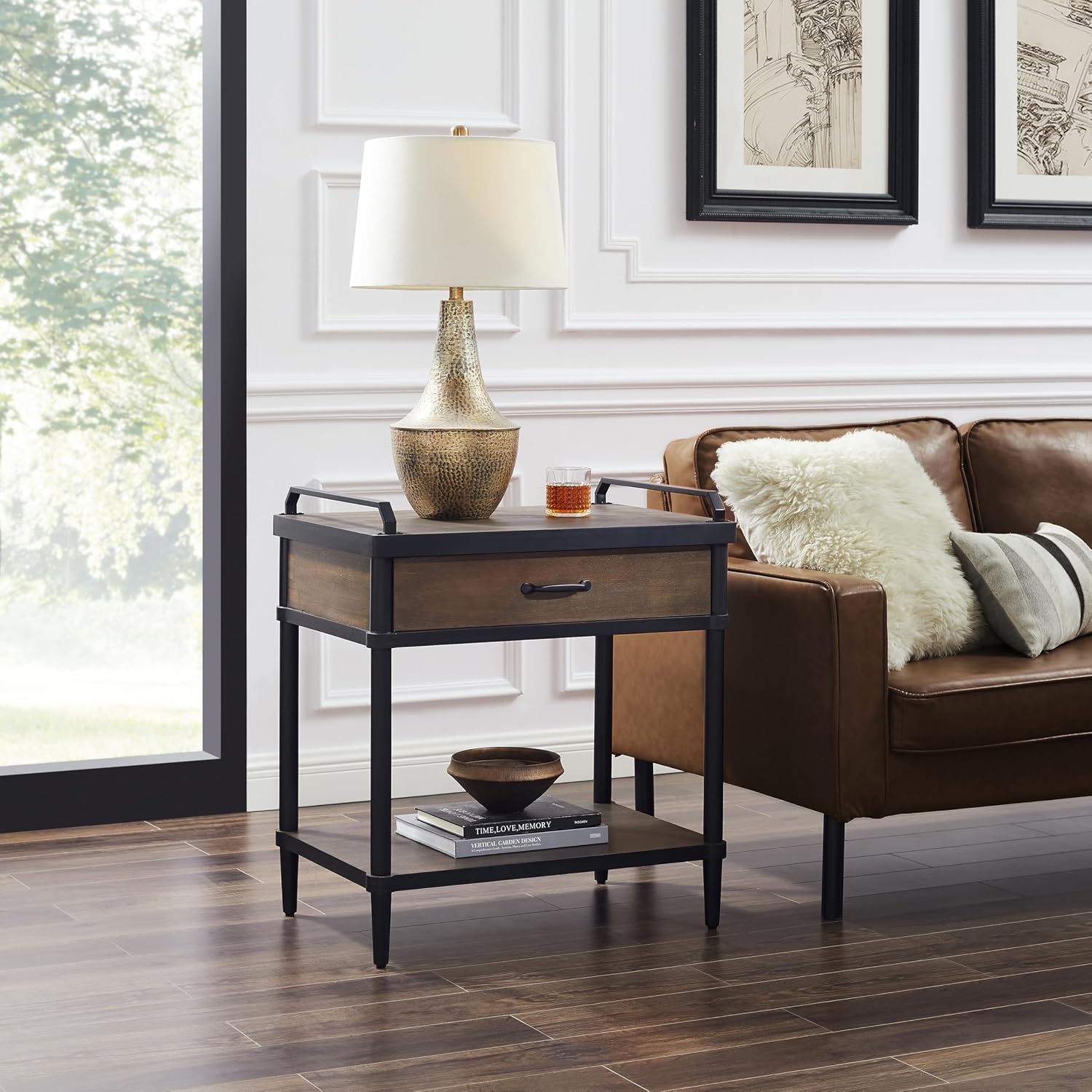 Art Leon Side Table - Mid Century Modern Night Stand, Bedside Table with Wood Drawer, End Table with Storage Shelf for Living Room, Walnut