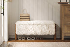 Modern Storage Benches with Walnut Wood Legs, 47'' Ottoman Bench with 20 Gallons Storage Space for Bedroom End of Bed, Faux Fur Fabric Upholstered Entryway Bench, Beige