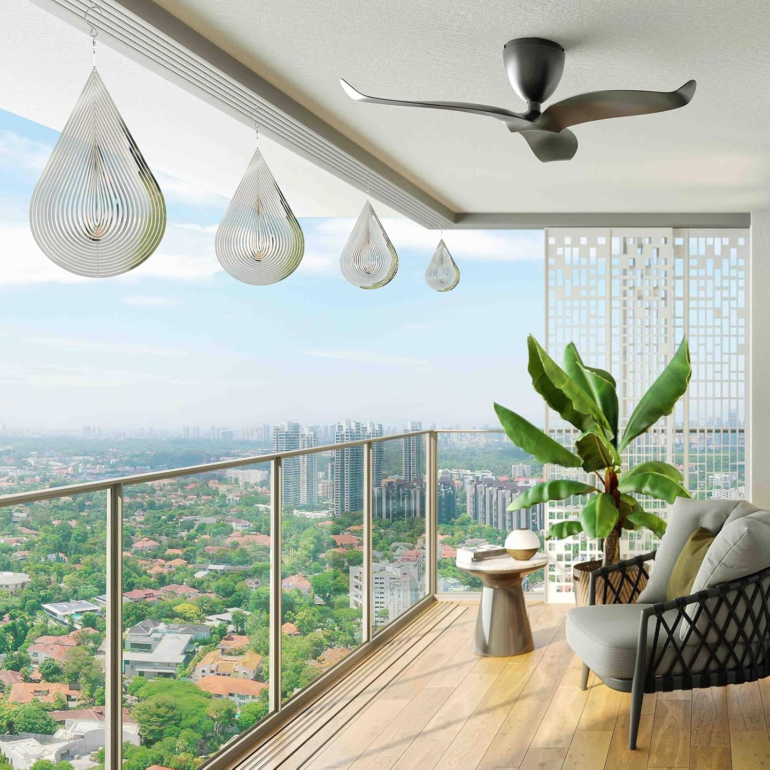 Wind Spinner Flowing-Light Effect Courtyard Decorations Made of Stainless Steel House Hanging Decoration 12“x 8“ Spinners with a 360° Rotating Hook (1 pc Water Drop-Silver)