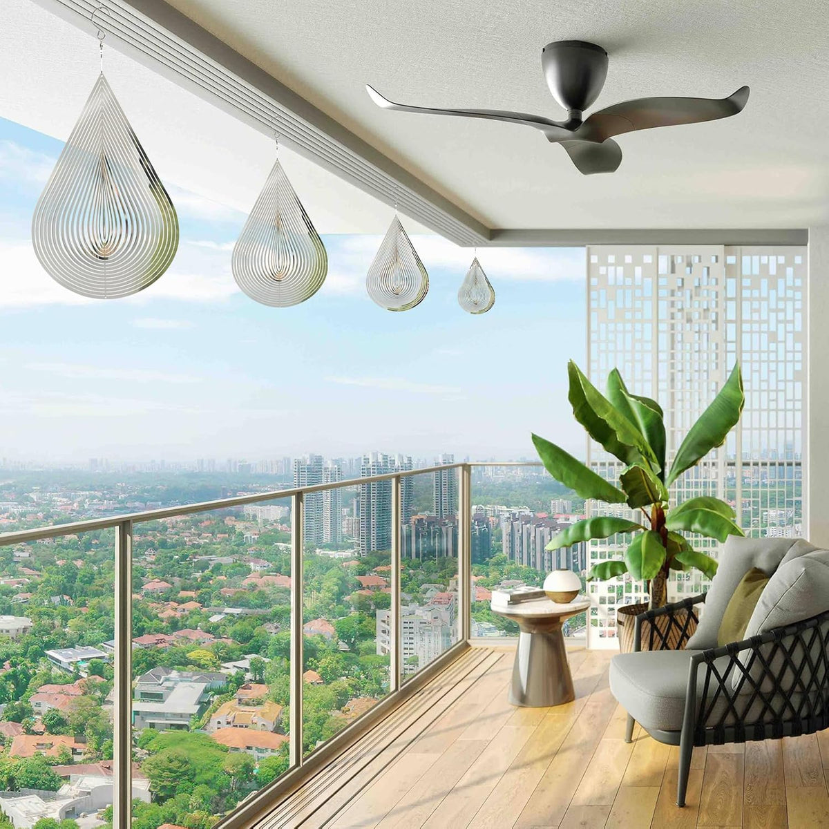 Wind Spinner Flowing-Light Effect Courtyard Decorations Made of Stainless Steel House Hanging Decoration 12“x 8“ Spinners with a 360° Rotating Hook (2 pcs Water Drop-Silver)