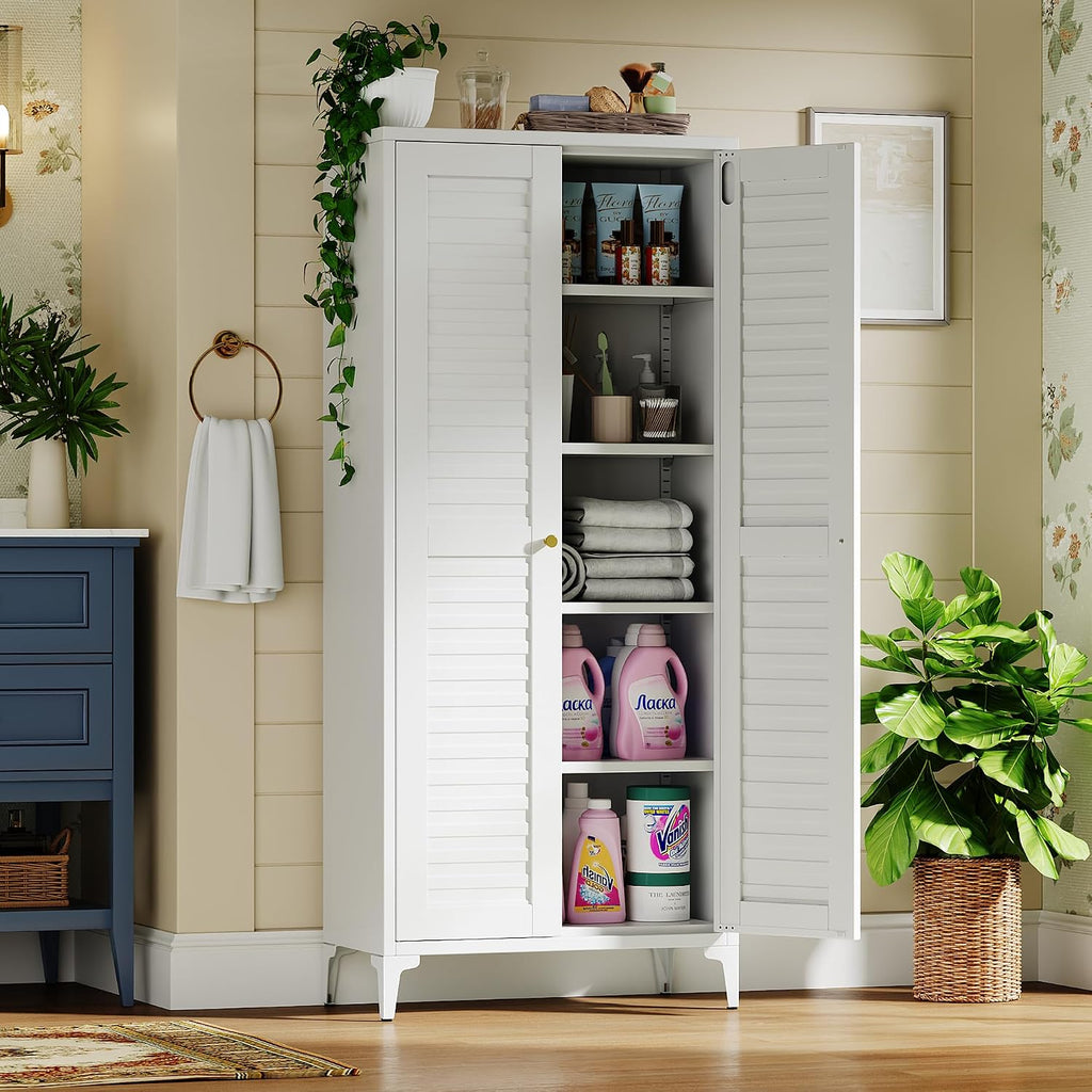 Metal Storage Cabinet with 2 Doors and 4 Adjustable Shelves, Metal Pantry Cabinet for Kitchen Living Room, Required Assembly, White,13.78" D x 27.56" W x 63.58" H