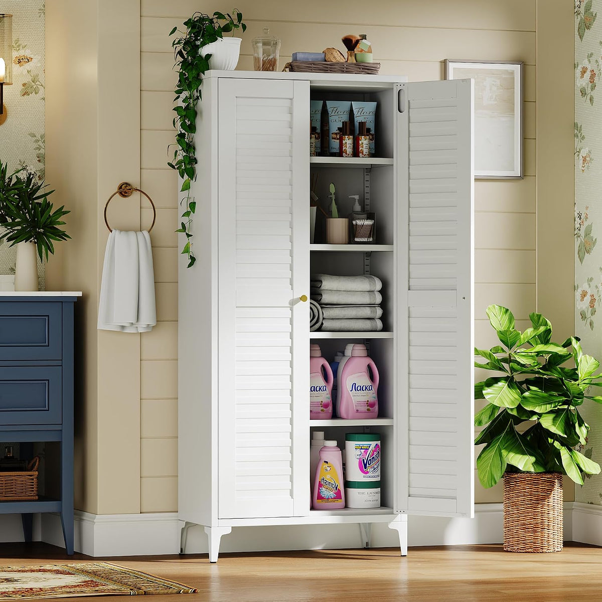 Metal Storage Cabinet with 2 Doors and 4 Adjustable Shelves, Metal Pantry Cabinet for Kitchen Living Room, Required Assembly, White,13.78" D x 27.56" W x 63.58" H