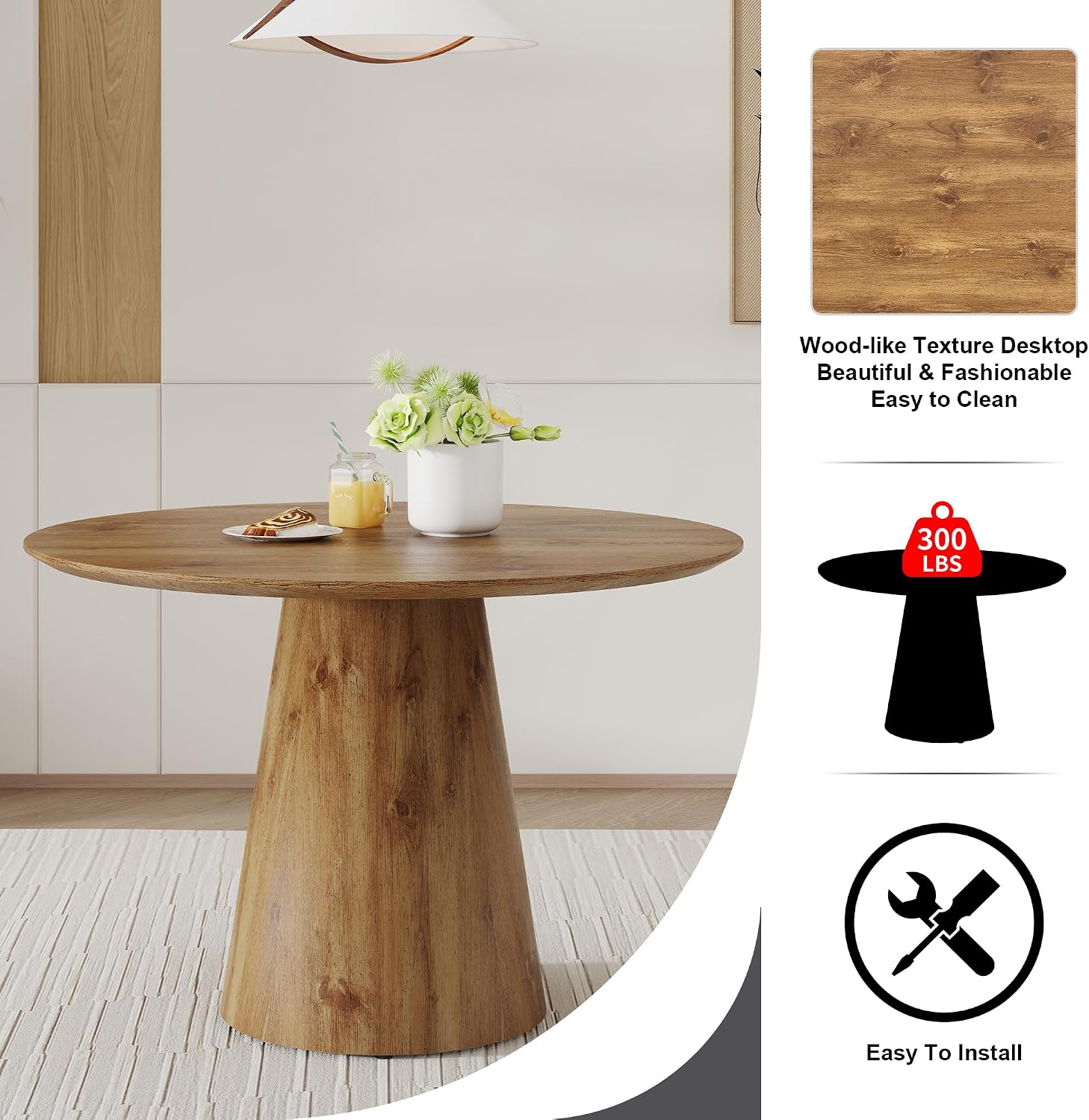 Round Dining Table for 4/6, 45 Inch Dining Room Table, Small Kitchen Table with Stable Pedestal, Modern Dining Table for Kitchen,Living Room,Apartment,Restaurant (Dark Wood)