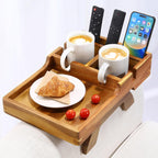 Couch Armrest Table, Acacia Wood Sofa Arm Table with 2 Cup Holders, 15.4"x9.8" Large Foldable Clip on Couch Arm Tray Table with Remotes Storage Slot