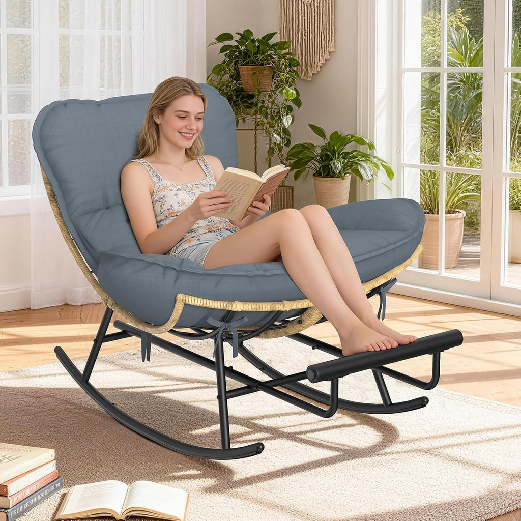 ZENPETIO Papasan Rocking Chair - 500LBS Oversized Rocer with Footrest | Outdoor Papasan Chairs with Thicker Cushion, All-Weather Wicker Rattan Cozy Rocking Chair for Indoor, Balcony, Porch, Garden