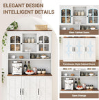 Tall Kitchen Pantry Cabinet with Glass Doors and Hutch, 70.9'' Storage, Built-in Charging Station, Dining Room Wine Rack & Cupboard - Modern White and Brown