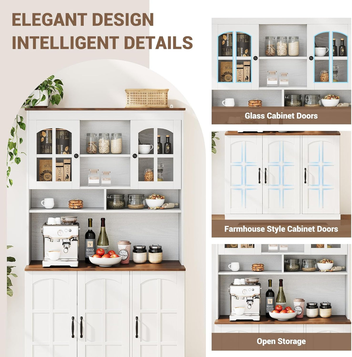 Tall Kitchen Pantry Cabinet with Glass Doors and Hutch, 70.9'' Storage, Built-in Charging Station, Dining Room Wine Rack & Cupboard - Modern White and Brown
