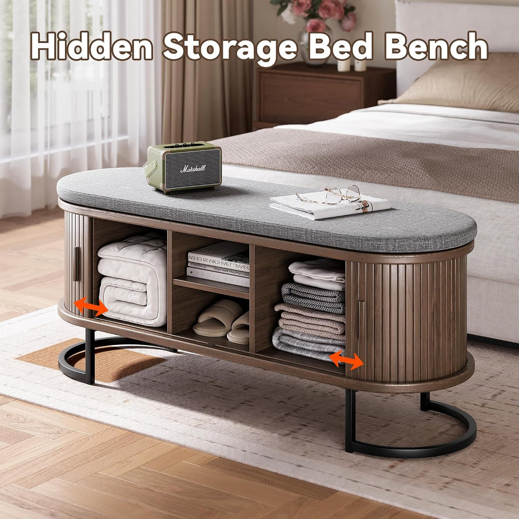 Decofy Shoe Storage Bench with Cushion and Sliding Doors, 47.2 Inch Shoe Bench with Storage, Freestanding Entryway Bench with Storage, Sturdy Metal Feet, for Hallway & Entrance Hall, Walnut
