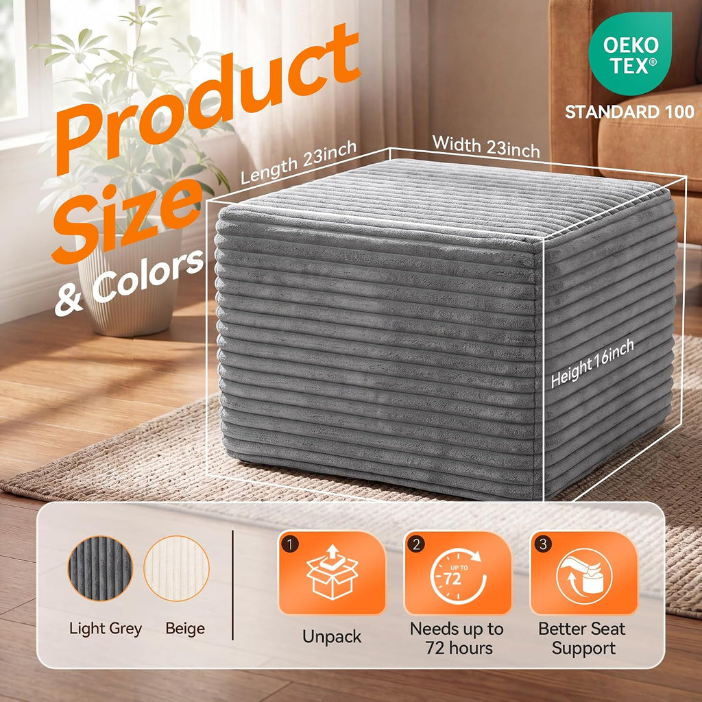 23in Square Pouf Ottoman, Large Corduroy Ottoman Foot Rest with Solid High-Density Foam, Removable Washable Cover, Soft Floor Foot Stool for Living Room, Bedroom, Grey