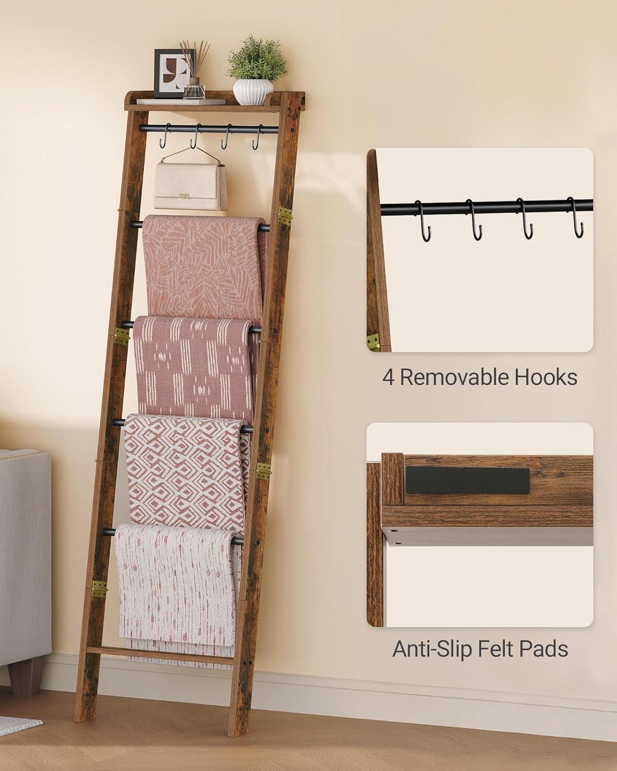 Hzuaneri Blanket Ladder Shelf, Decorative Quilt Rack, 7-Tier Farmhouse Ladder Holder Organizer with 4 Removable Hooks 7.9" D x 17.3" W x 66.9" H, Rustic Brown BR36801B