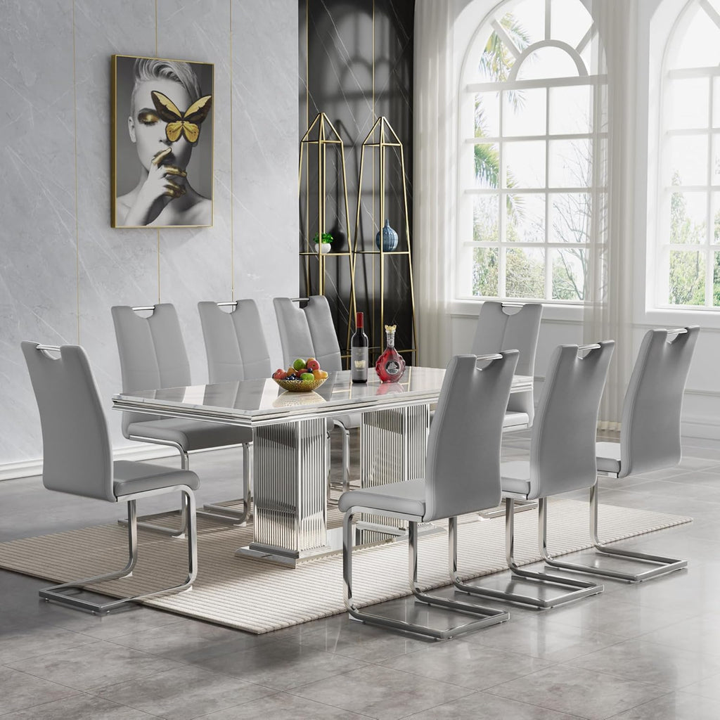 9 Piece Dining Table Set, 68.11" Dining Table and Chairs Set for 8, Modern Faux Marble Dining Table with 8 Grey Leather Chairs, White Kitchen Table with Silver Stainless Steel Base for Kitchen