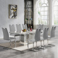 9 Piece Dining Table Set, 68.11" Dining Table and Chairs Set for 8, Modern Faux Marble Dining Table with 8 Grey Leather Chairs, White Kitchen Table with Silver Stainless Steel Base for Kitchen