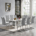 9 Piece Dining Table Set, 68.11" Dining Table and Chairs Set for 8, Modern Faux Marble Dining Table with 8 Grey Leather Chairs, White Kitchen Table with Silver Stainless Steel Base for Kitchen