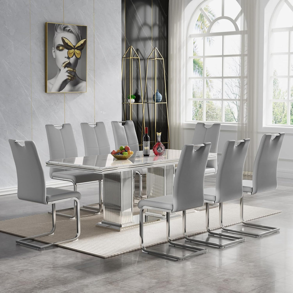 9 Piece Dining Table Set, 68.11" Dining Table and Chairs Set for 8, Modern Faux Marble Dining Table with 8 Grey Leather Chairs, White Kitchen Table with Silver Stainless Steel Base for Kitchen