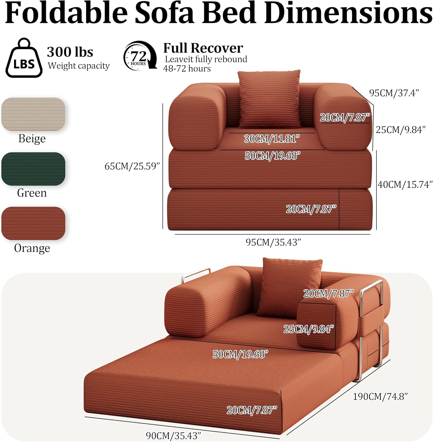 Single Couch Sofa for Small Spaces, 2-in-1 Single Sofa with Soft Corduroy Foldable Chair Lounger Sleeper Sofas for Small Apartment, Living Room, Home Office (Orange, 35.43" Single Sofa)