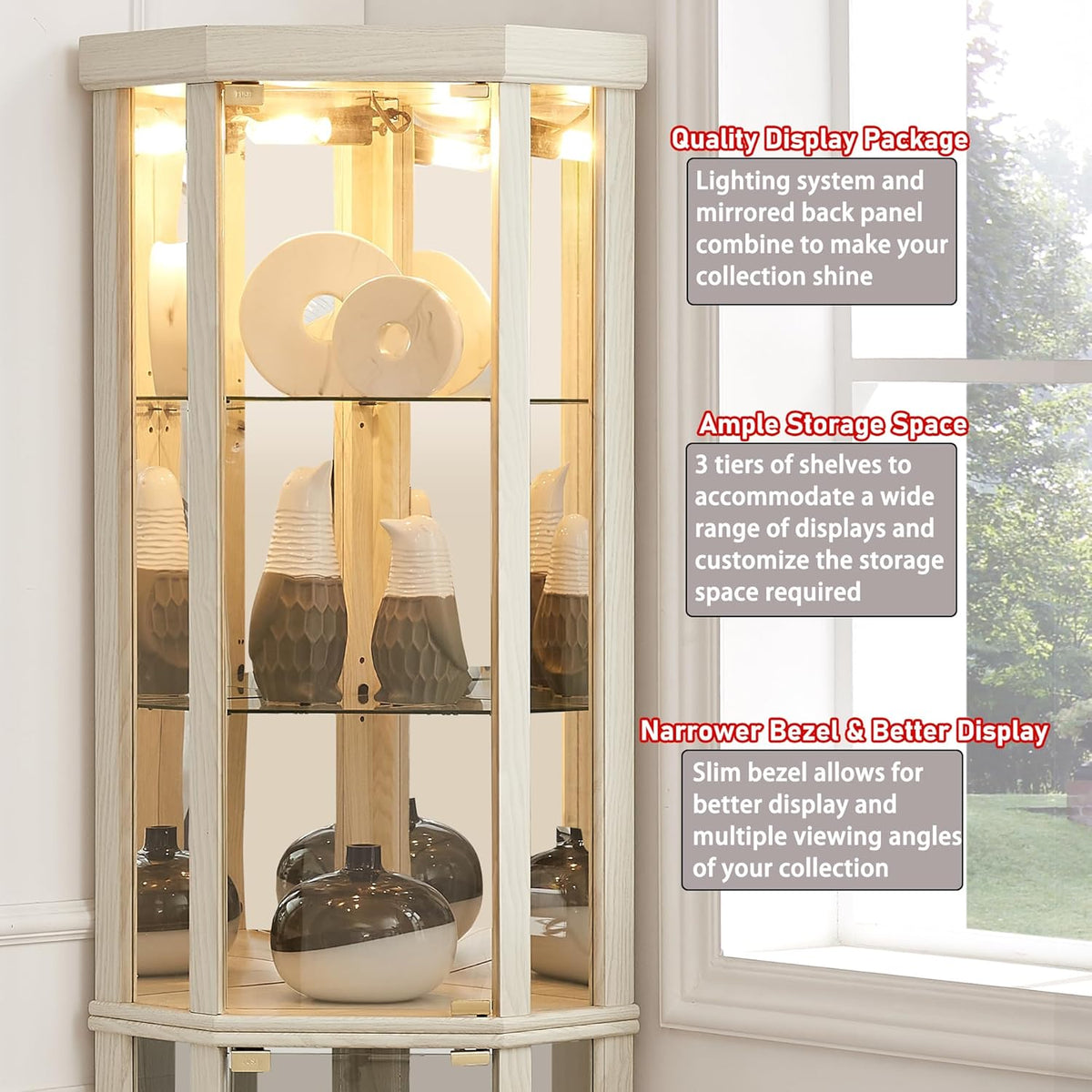 69" H Lighted Corner Display Cabinet, Curio Corner Glass Cabinet w/Adjustable Shelves & Glass Door, 5-Tier Wooden Storage Display Case w/Mirrored Back Pane for Living Room (Antique White)