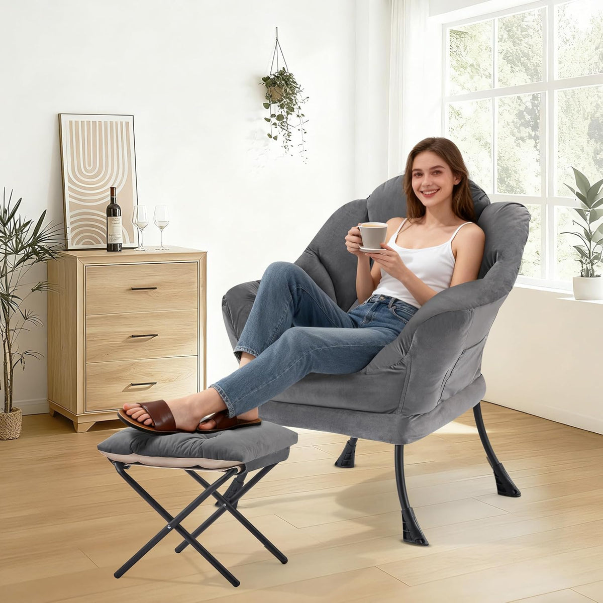 SAETSFEG Lazy Chair with Ottoman, Modern Accent Lounge Chair with Side Pocket and Armrests, Cozy Reading Armchair with Footrest, Upholstered Sofa Chair for Small Spaces, Bedroom Living Room, Dark Grey