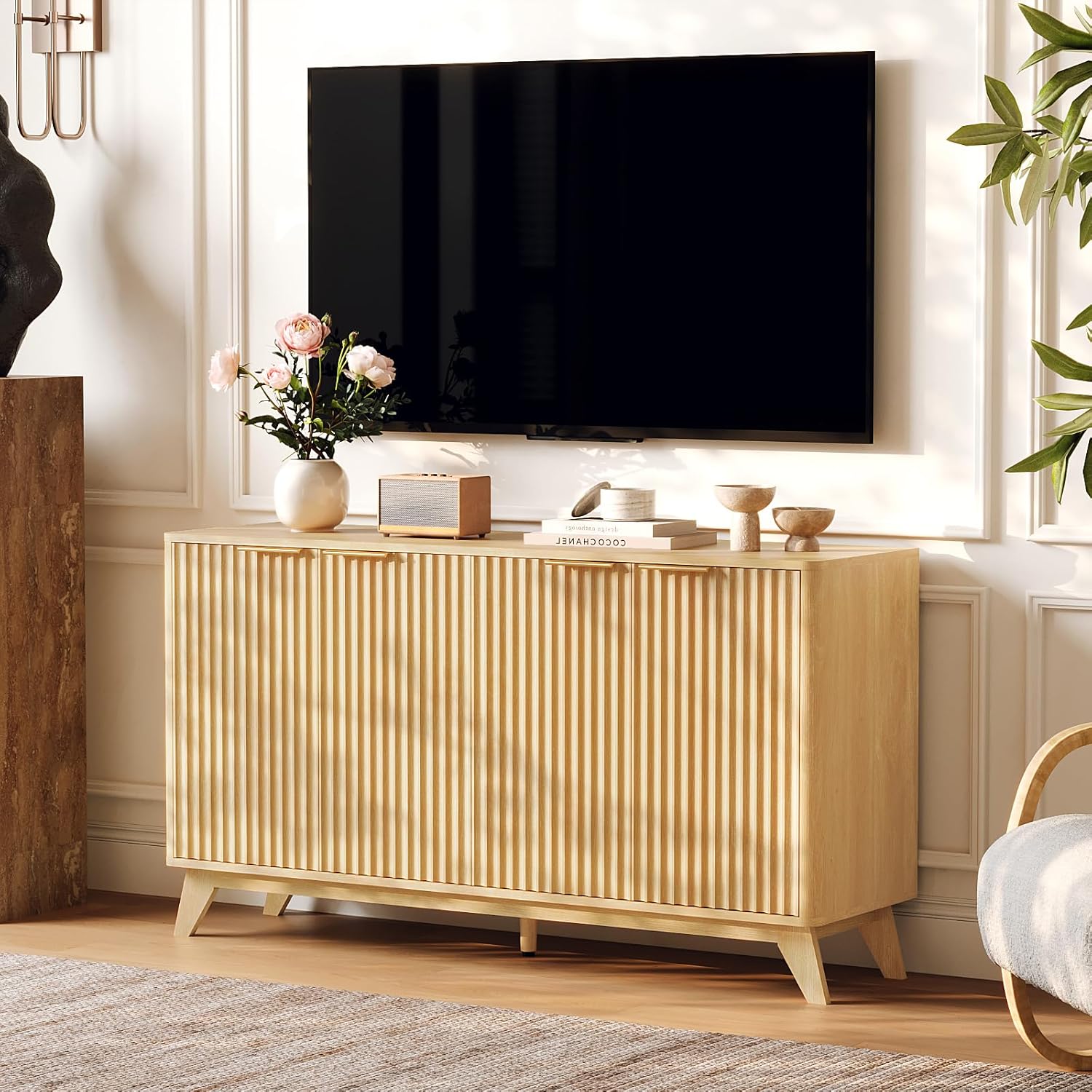VINGLI 55" Buffet Cabinet with Storage, Fluted 4 Doors Sideboard Cabinet with Adjustable Shelves, Modern Storage Cabinet with Doors for Kitchen, Dining Room & Living Room, Natural Oak