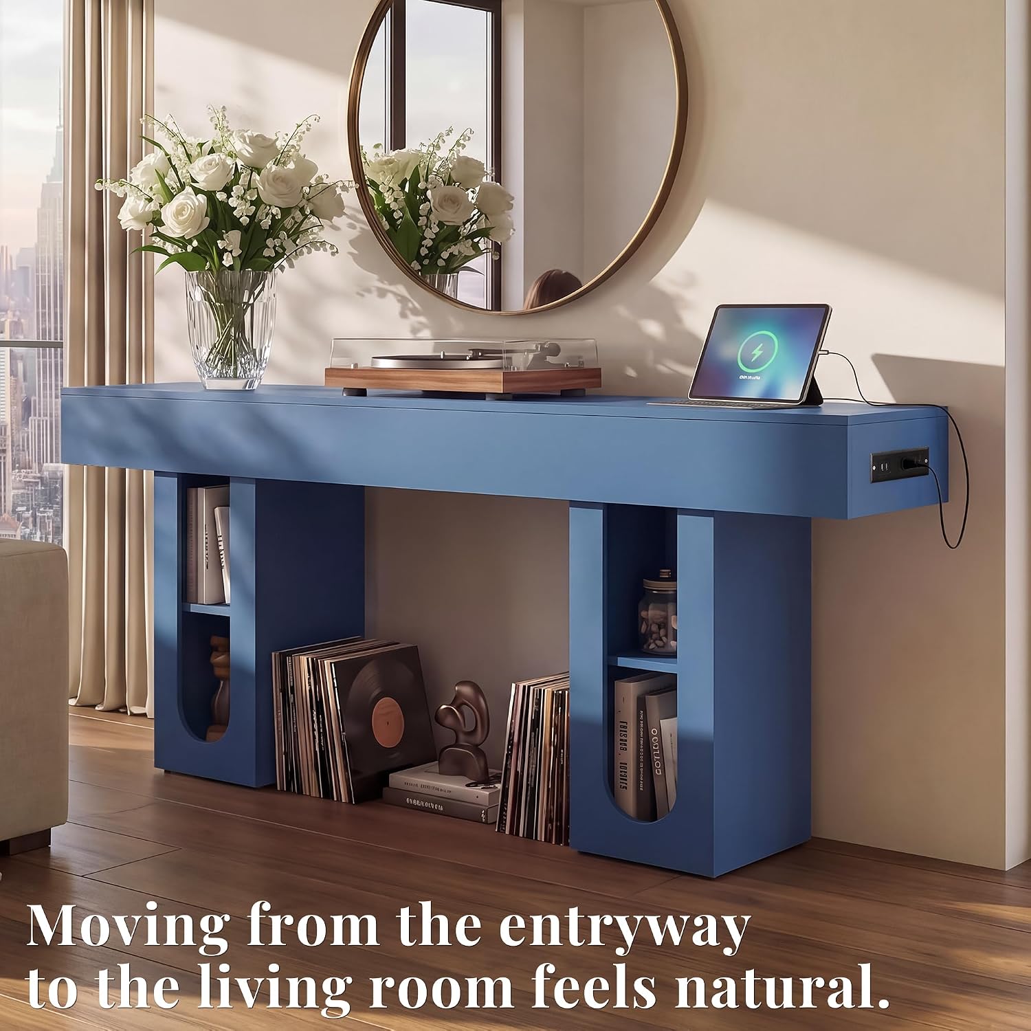 63" Entryway Console Table with Outlets & Storage-Blue | 5.9" Thick Top,Zero Wobble,Behind Couch,Charging Station,Anti-Tip,Modern Farmhouse,Dense MDF,Living Room,Hallway,Wood Grain