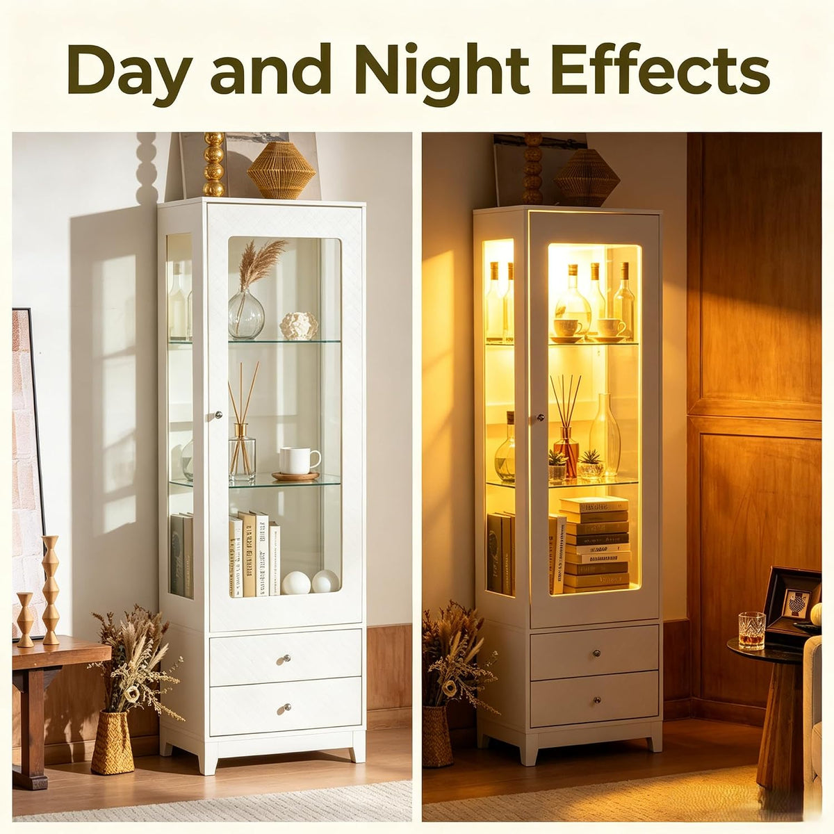 Freestanding Wine Cabinet, Upholstered Glass Door Bar Cabinet, 180° Viewing, 5-Color Ceiling Light, Adjustable Shelves, for Home or Dining Room, White