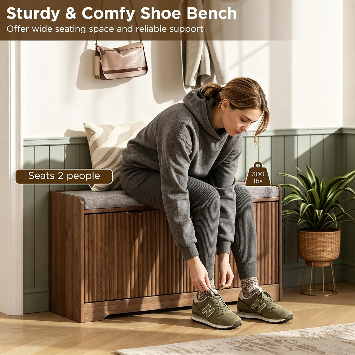Maupvit Fluted Shoe Bench with 2 Flip-Drawers, 39.4" Narrow Entryway Bench with Shoe Storage and Seat Cushion, Adjustable Shelf, Walnut Hidden Shoe Rack Bench for Front Door Entrance, Hallway