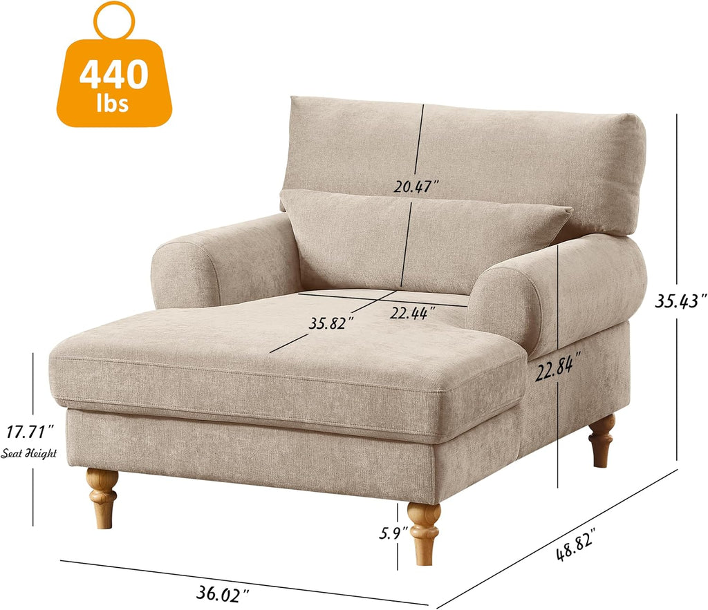 Modern Chaise Lounge Chair with Adjustable Backrest, Upholstered Indoor Leisure Sofa Recliner, Oversized Accent Chair Deep Seat Reading Armchair for Living Room, Bedroom, Office, Light Khaki