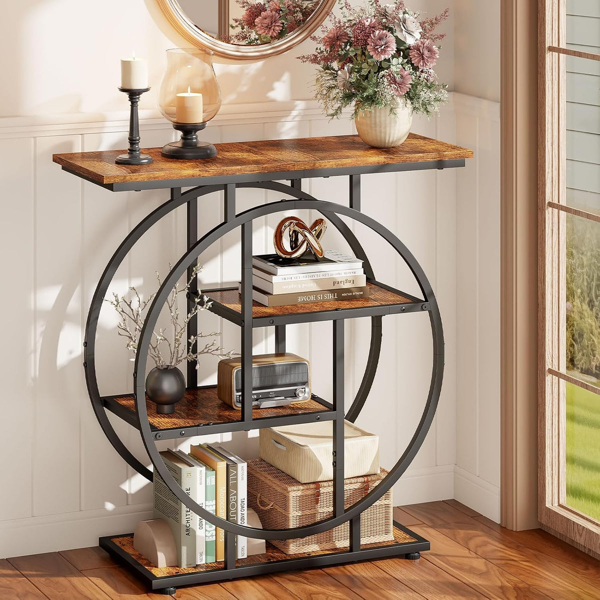 Cottage Charm Entryway Console Table, 31.5" Sofa Table Behind Couch with Curved Metal Frame and Wood Shelves, Decorative Console Table for Living Room, Hallway, Foyer, Rustic Brown