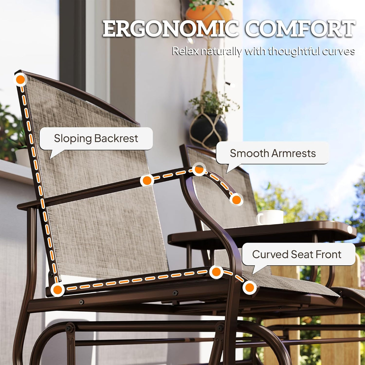 Outsunny Outdoor Glider Bench with Center Table Metal Frame Armrests Brown | Patio Loveseat, Breathable Mesh Fabric, for Backyard Garden Porch