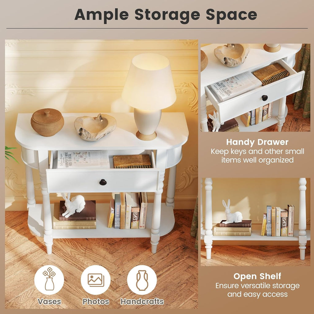 Giantex 2-Tier Narrow Console Table, 36" White Entryway Table with Storage Drawer & Elegant Legs, Wooden Sofa Table with Open Shelf for Living Room, Foyer, Hallway, Bedroom, Entrance