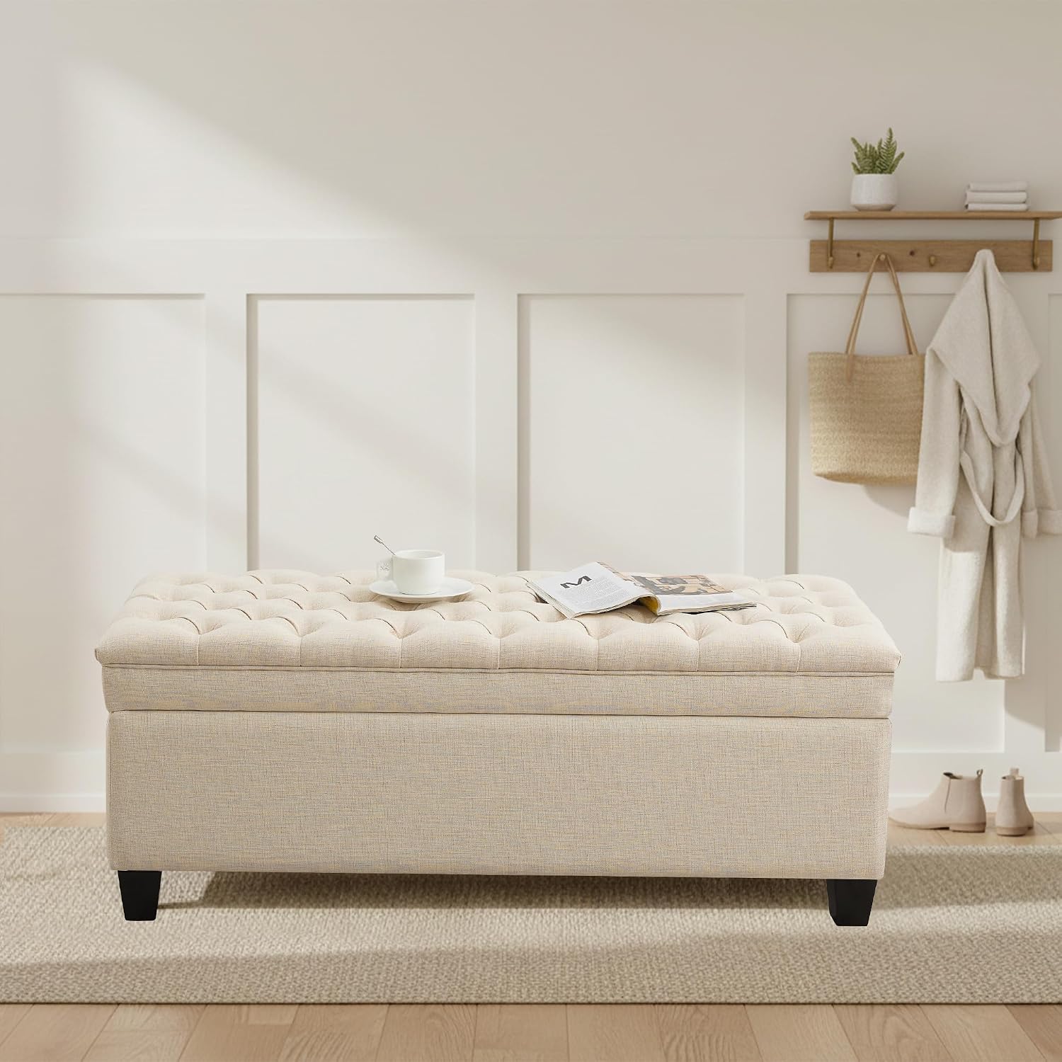 50" Storage Ottoman Bench, Rectangular End of Storage Bench, Upholstered Large Fabric Tufted Ottoman with Storage for Living Room, Bedroom, Entryway,Khaki