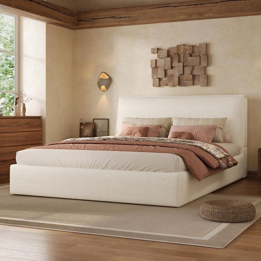 Christopher Knight Home Jamaiya Boucle Upholstered Queen Size Bed Frame with Headboard, Modern Queen Bed Frame and Headboard, Wooden Slats Support, Easy Assembly, No Box Spring Needed, White