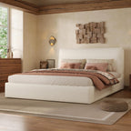 Christopher Knight Home Jamaiya Boucle Upholstered Queen Size Bed Frame with Headboard, Modern Queen Bed Frame and Headboard, Wooden Slats Support, Easy Assembly, No Box Spring Needed, White