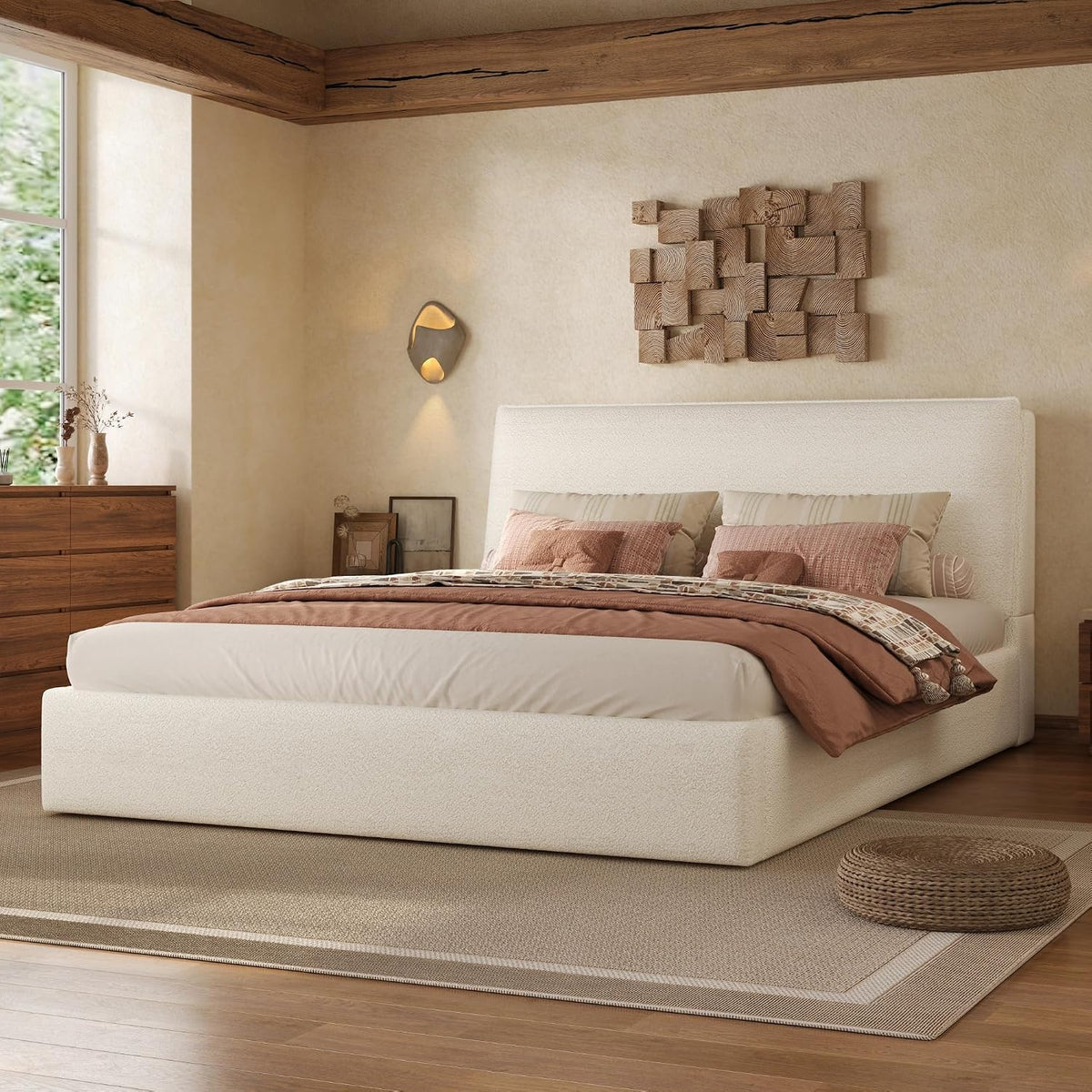 Christopher Knight Home Jamaiya Boucle Upholstered Queen Size Bed Frame with Headboard, Modern Queen Bed Frame and Headboard, Wooden Slats Support, Easy Assembly, No Box Spring Needed, White