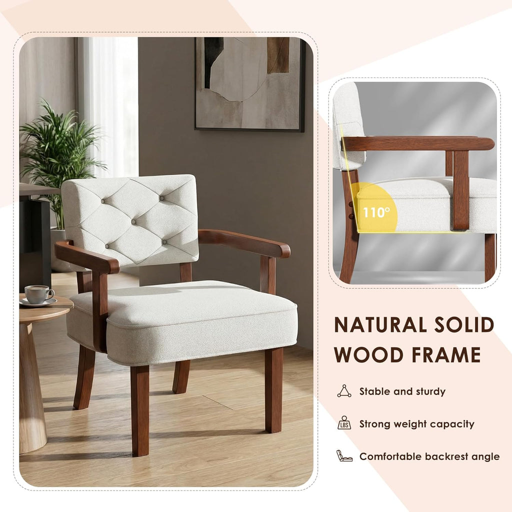 Versatile Accent Chair for Bedroom, Mid Century Modern Arm Chair, Butacas para Sala, Upholstered Wooden Chairs with Arm Rest, Tufted Backrest,Cushion, for Office, Living Room, Reading, Beige