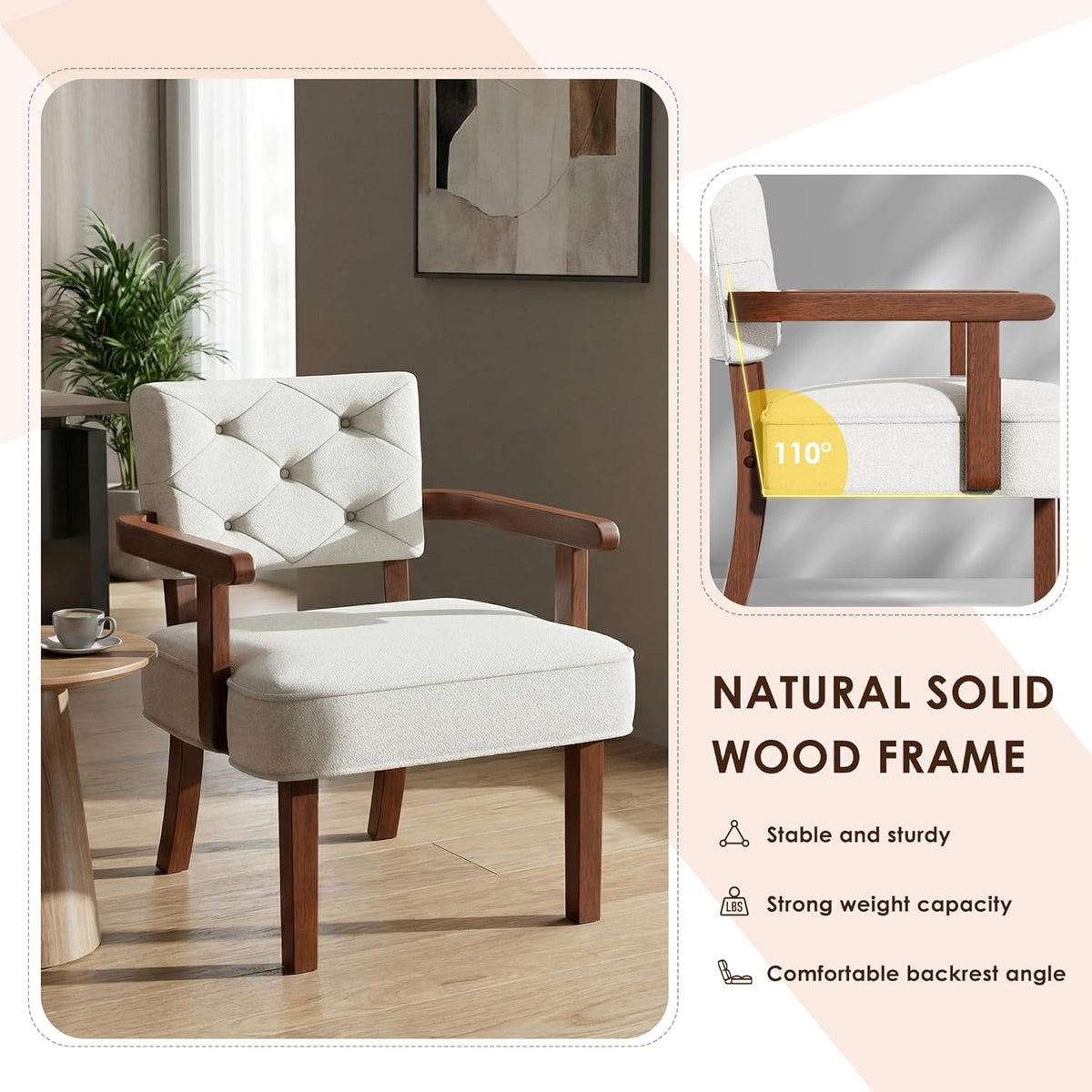 Versatile Accent Chair for Bedroom, Mid Century Modern Arm Chair, Butacas para Sala, Upholstered Wooden Chairs with Arm Rest, Tufted Backrest,Cushion, for Office, Living Room, Reading, Beige