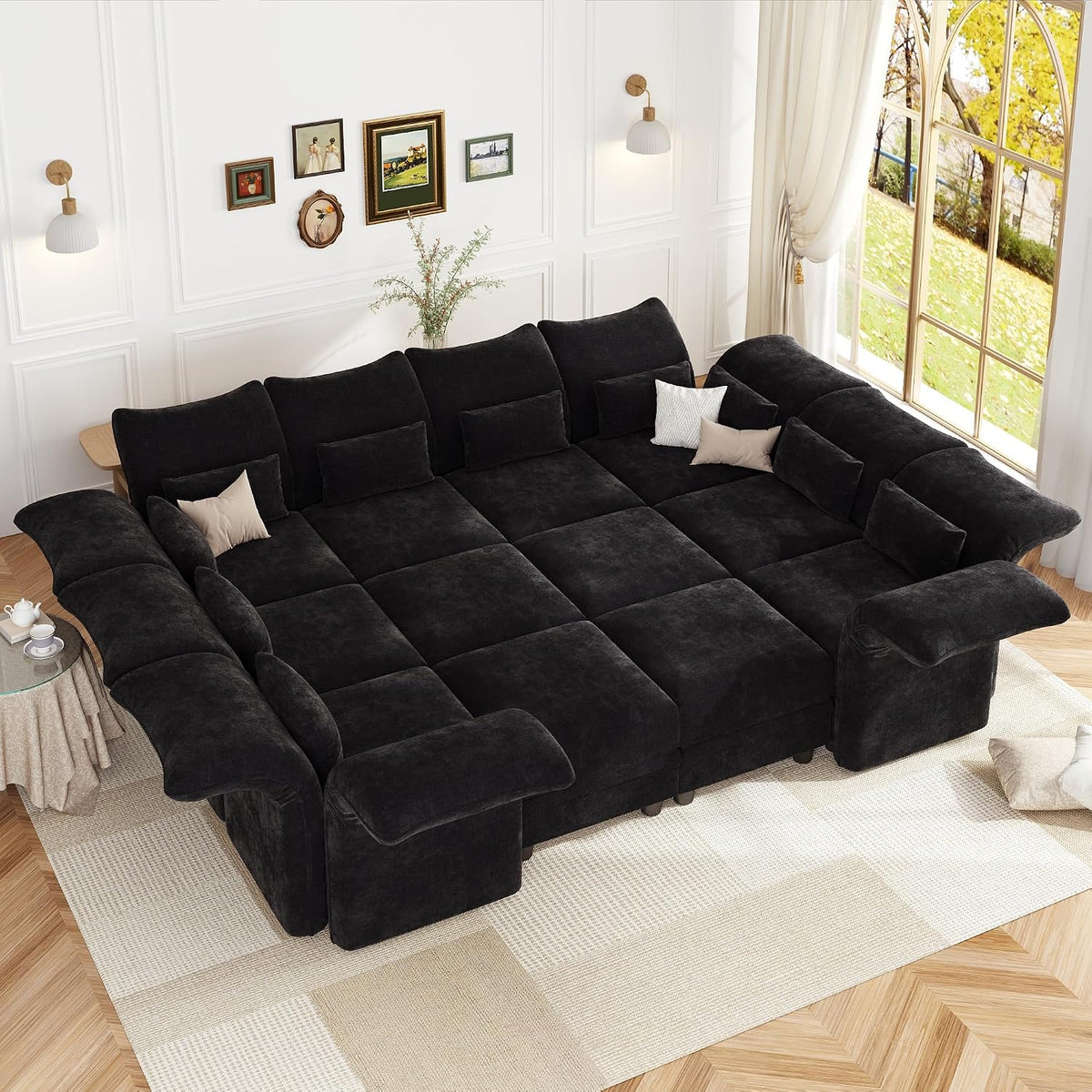 LLappuil Deep Modular Sectional Sofa Sleeper 12 Person Chenille Sectional Couches for Living Room with Storage Ottoman, Adjustable Arms Backs Black