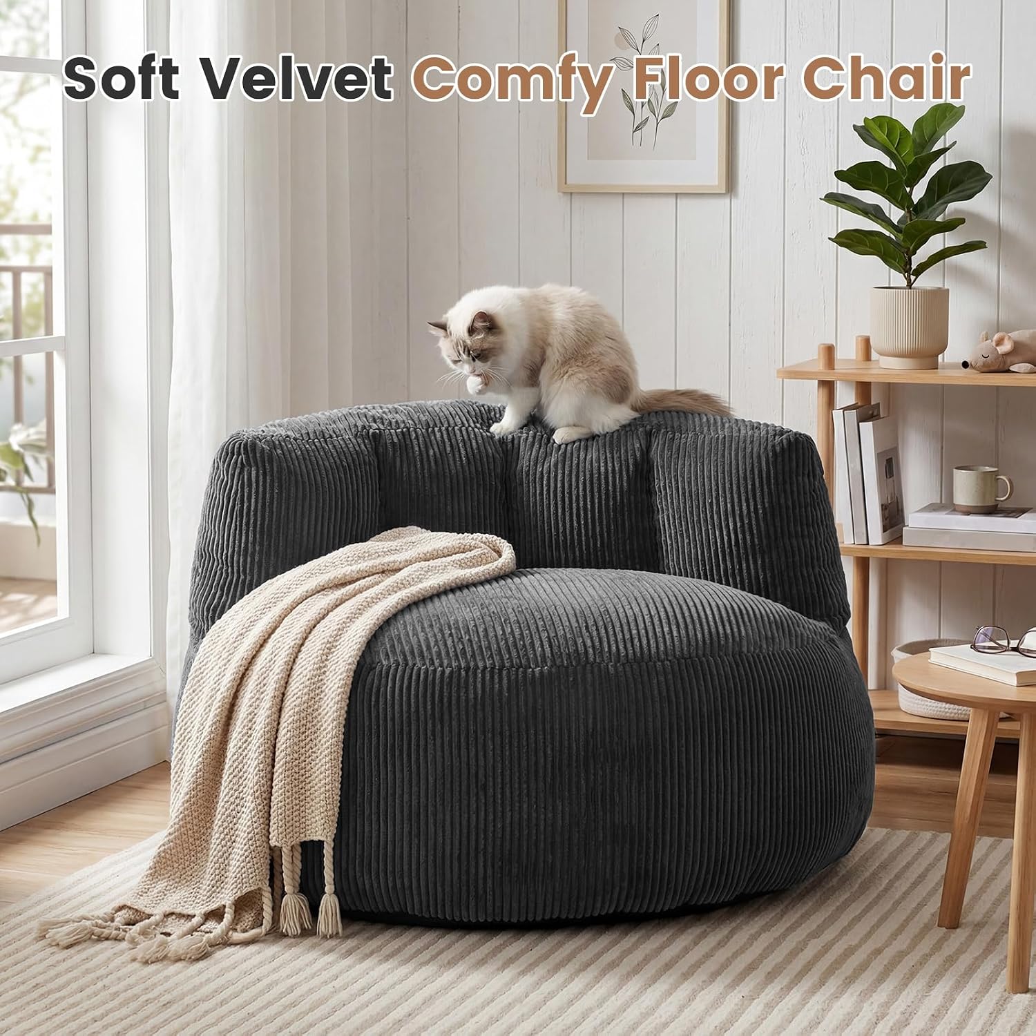 MASVIS Bean Bag Chair,3ft Memory Foam Bean Bag Chair for Adults Kids Teens,Soft Velvet Comfy Floor Chair with Supportive Backrest,Lazy Sofa Lounge Chair for Living Room Game Room,Portable Sofa,Grey