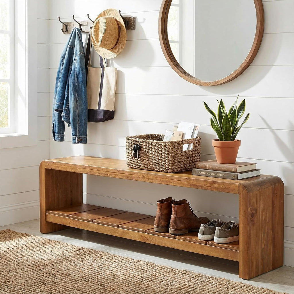 Solid Wood Entryway Bench with Shoe Storage, 59.06-Inch Long Shoe Bench with Open Shelf, Farmhouse End of Bed Seating for Hallway, Foyer, Bedroom, Walnut Brown