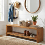 Solid Wood Entryway Bench with Shoe Storage, 59.06-Inch Long Shoe Bench with Open Shelf, Farmhouse End of Bed Seating for Hallway, Foyer, Bedroom, Walnut Brown